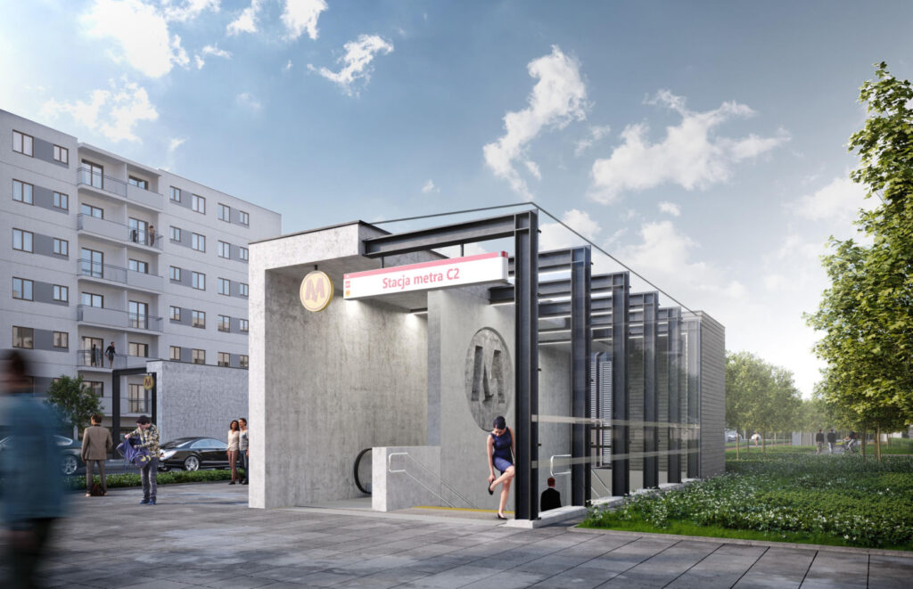 Wizualizacja nowoczesnego wejścia do stacji metra C2 z napisem „Stacja metra C2”, obok bloku mieszkalnego