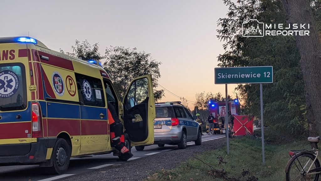 Karetka i radiowóz stoją na poboczu przy drodze, obok znaku „Skierniewice 12” i roweru.