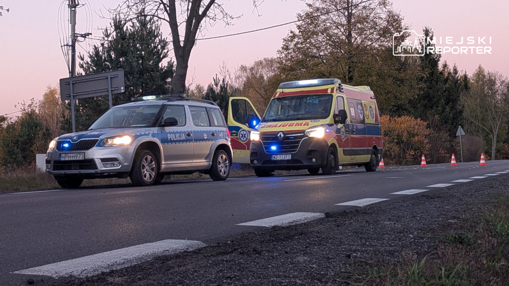 Radiowóz policyjny i karetka pogotowia stoją na poboczu drogi przy pachołkach, z włączonymi światłami.