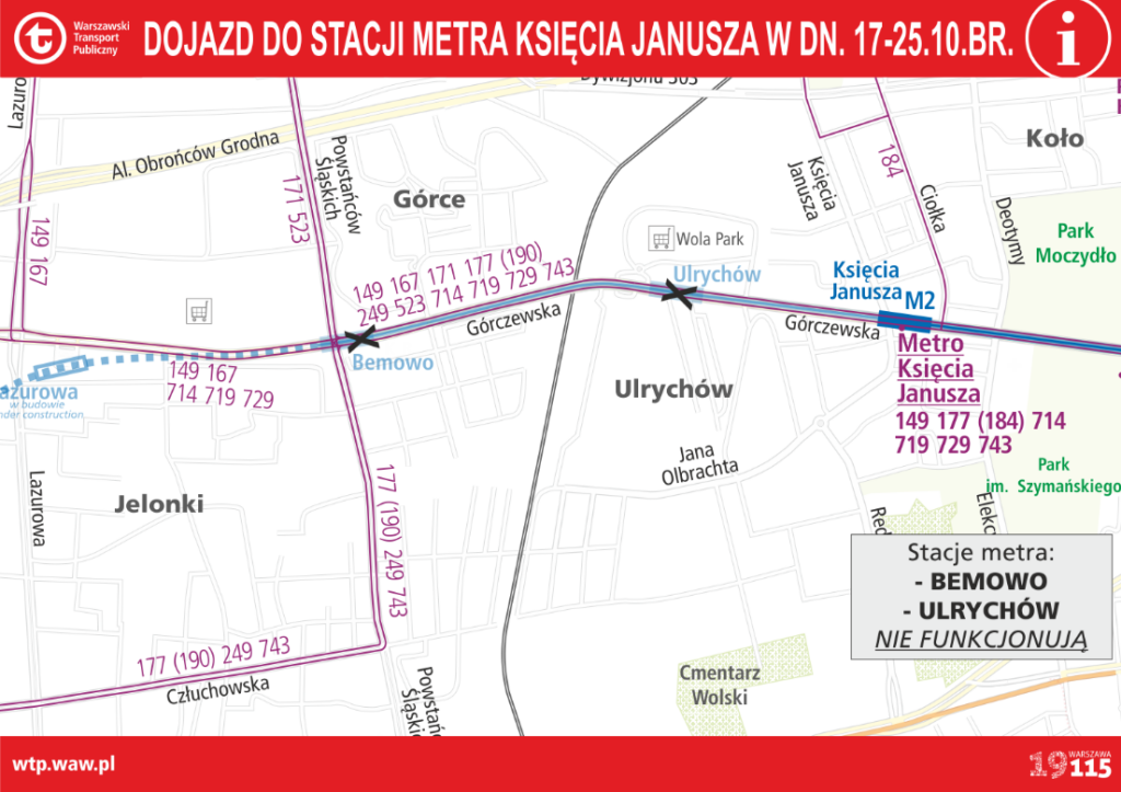 Mapa dojazdu do stacji metra Księcia Janusza z zaznaczonymi stacjami Bemowo i Ulrychów, które nie funkcjonują.
