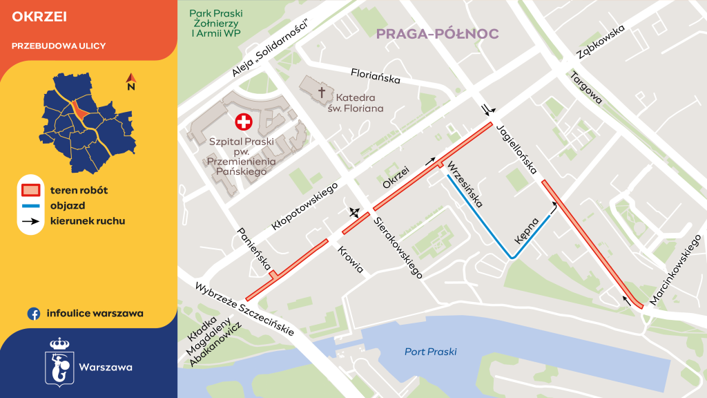Mapa przebudowy ulicy Okrzei w Warszawie z zaznaczonym terenem robót, objazdem i kierunkiem ruchu.