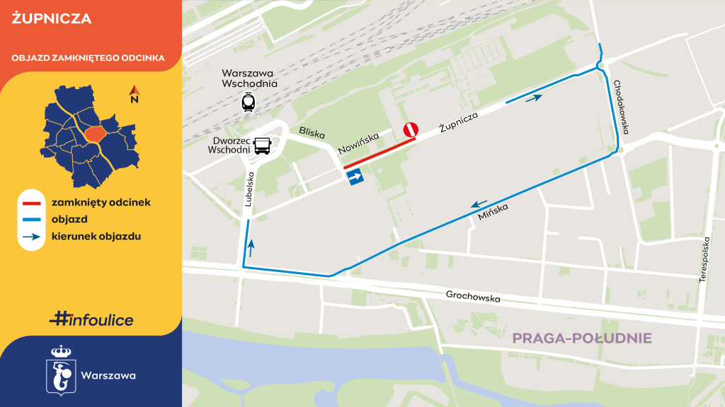 Mapa objazdu zamkniętego odcinka ulicy Żupniczej na Pradze-Południe w Warszawie, z zaznaczonymi kierunkami objazdu.