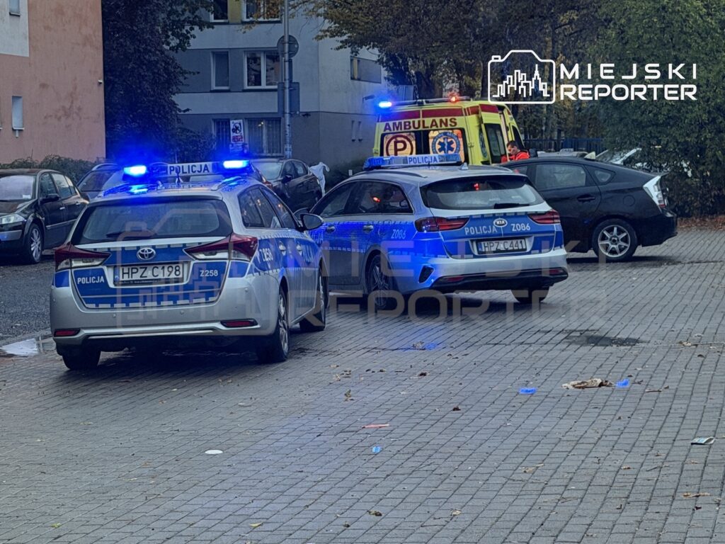 Dwa radiowozy z włączonymi niebieskimi sygnałami i karetka stoją na parkingu między samochodami.